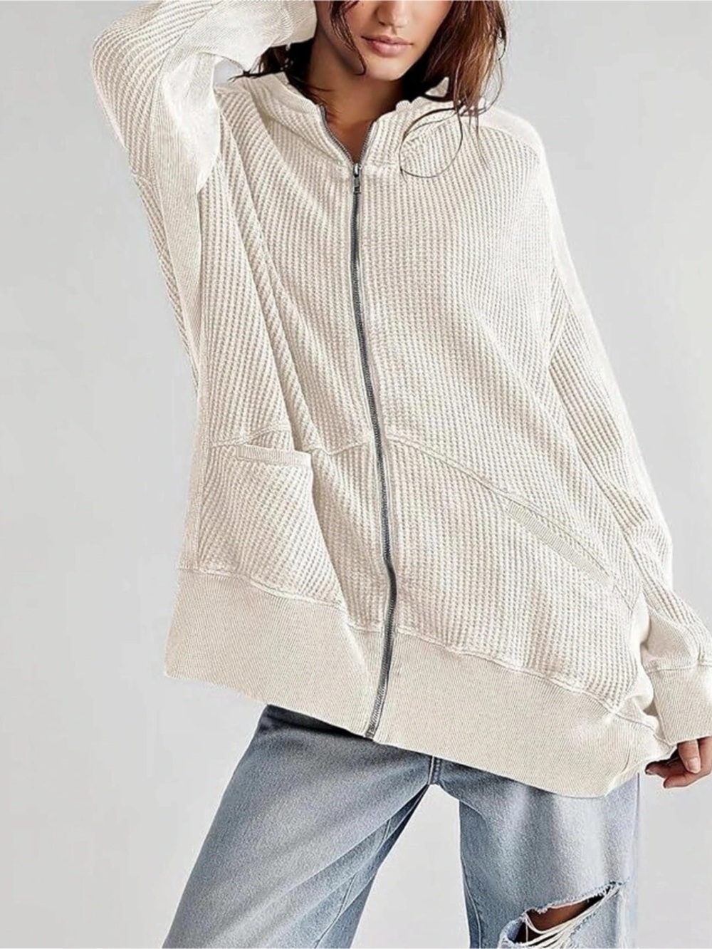 Free People waffle knit zip up hoodie cream color